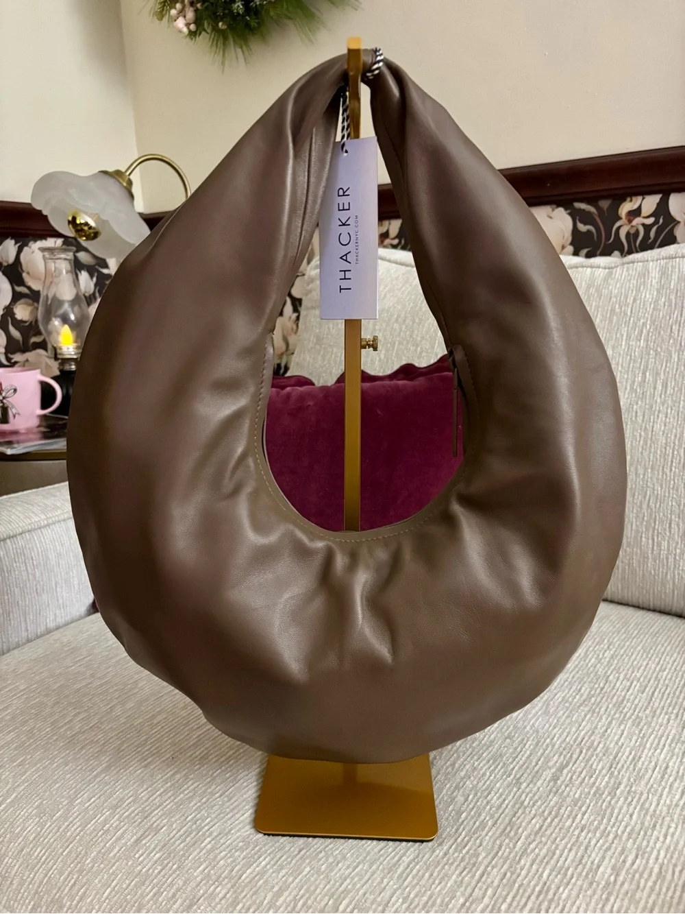 Thacker Ceil Leather Hobo Bag Mushroom Brown Oversized Crescent NWT